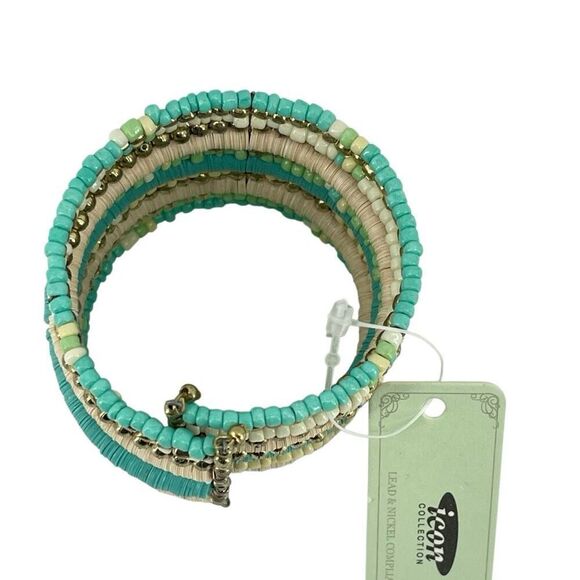 Icon Collection Boho Teal Cream Heishi Bead Multi-Layer Wrap Cuff Bracelet NWT - Picture 3 of 7